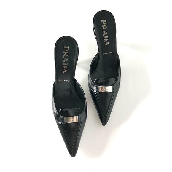 NIB Prada Logo Plaque Black Pointed Toe Kitten Heel Mules Pumps 36.5 - Picture 3 of 10